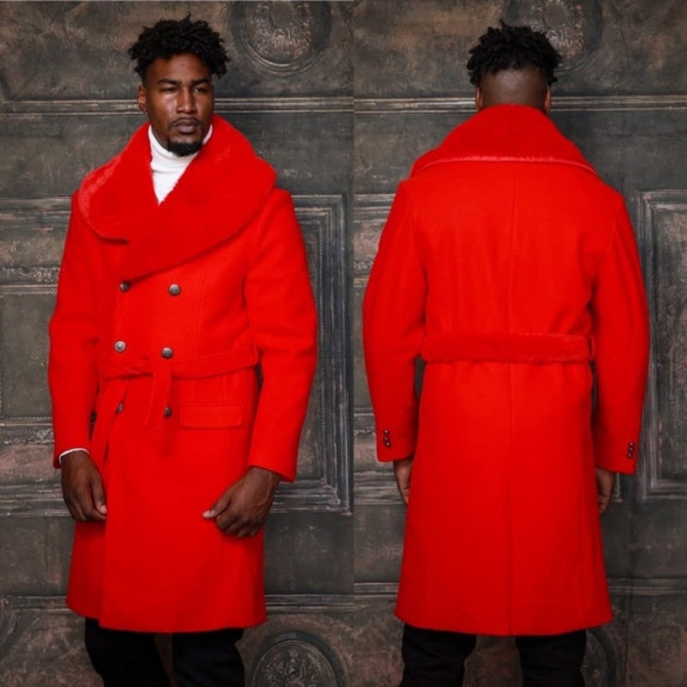 Men's Manzini Red Solid Faux Fur Overcoat NWT